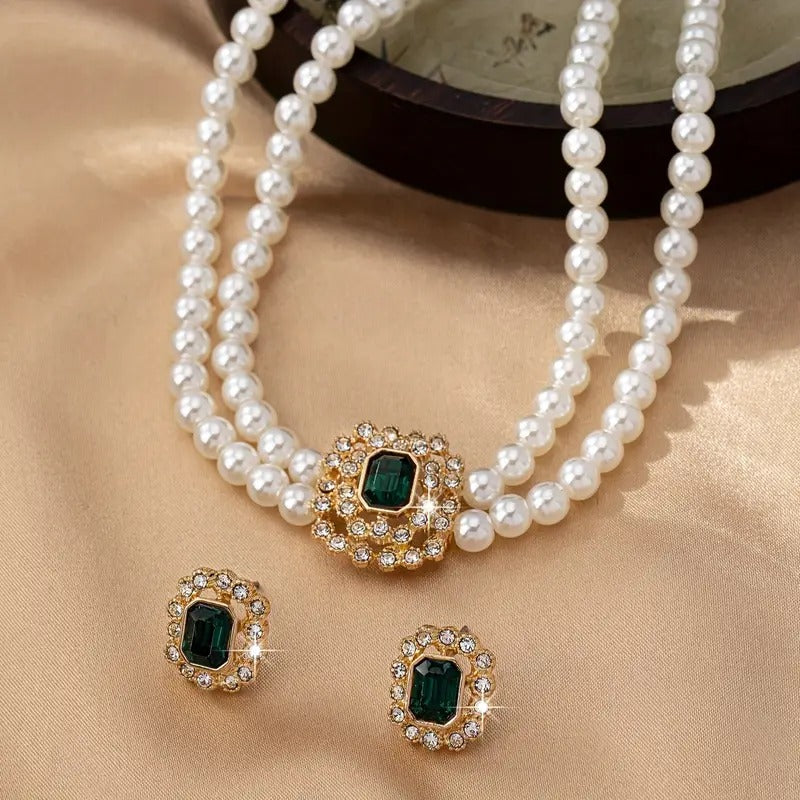 Pearl Necklace and Earings Set with Rhinestone