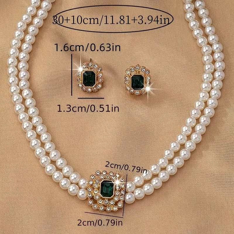 Pearl Necklace and Earings Set with Rhinestone