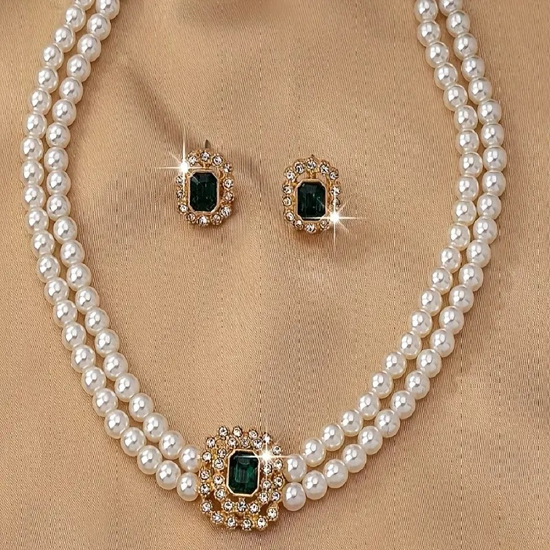 Pearl Necklace and Earings Set with Rhinestone