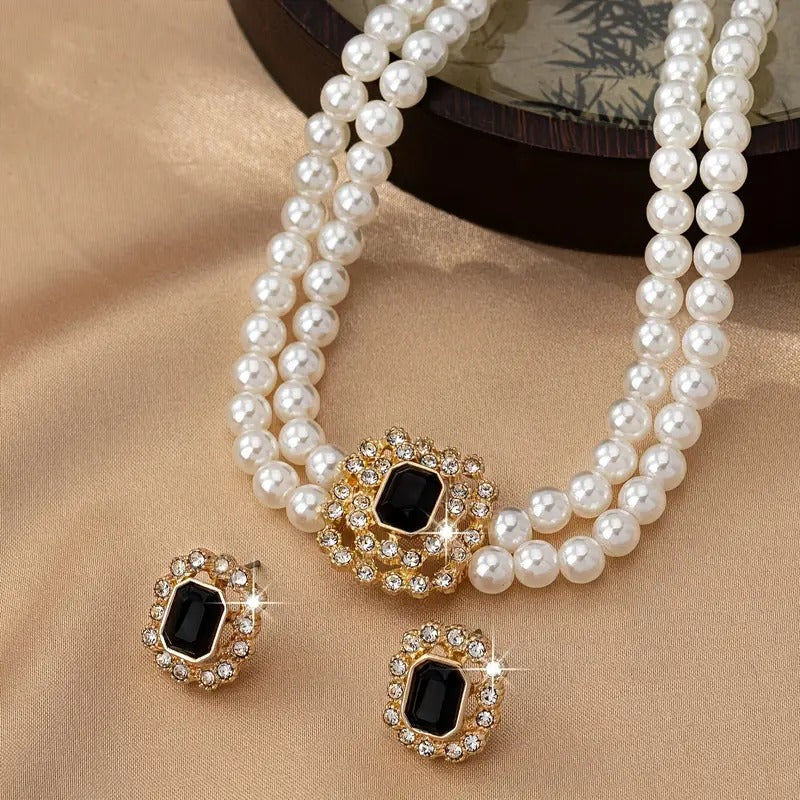 Pearl Necklace and Earings Set with Rhinestone